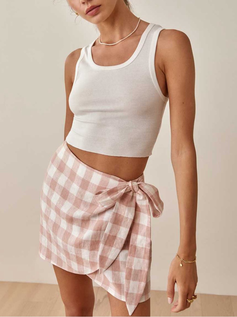REFORMATION Linen Gingham Plaid Check Coquette Wrap Waist Cottagecore Skirt M